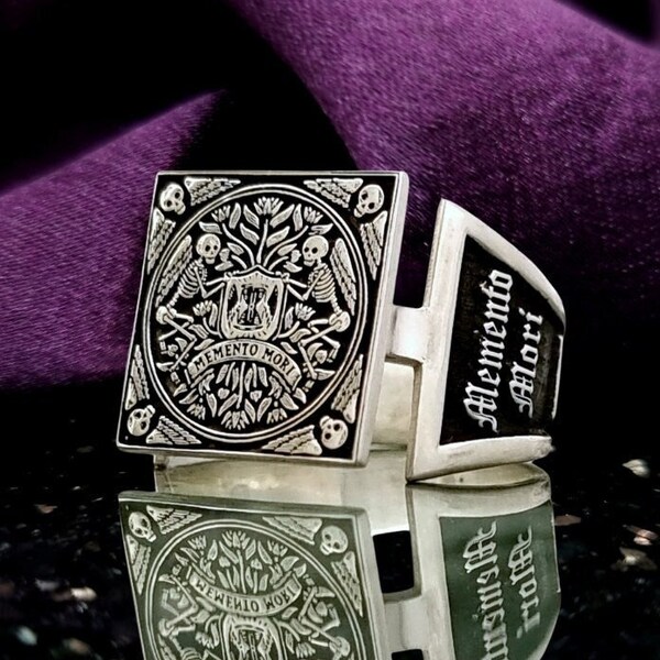 Silver Memento Mori Custom Ring for men, 14K Solid Gold Momento mori ring, Amor fati personalized ring, Skeleton Skull ring for gothic boy