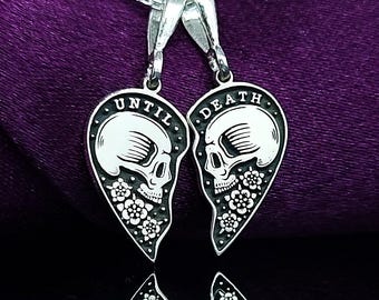Silver Skull Until Death Couple Necklace, Couples Matching Pendant, Gothic Engraved Jewelry, Personalized Romantic Halloween Gift