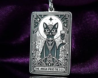 Sterling Silver Black Cat Necklace, Handmade Witchy Jewelry, Occult Tarot Pendant, Gothic Cat Lover Gift, Personalized Halloween Gift