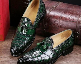 Men's Handmade Green Color Genuine Leather Crocodile Texture Slip On Loafers Shoes