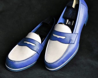 Men's Handmade Two Tone Boots Genuine Leather Slip On  Loafers Shoes