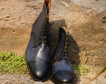 Men's Handmade Black Color Genuine Leather Lace Up Cap Toe Men Boots