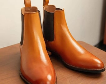 Bespoke Handmade Tan Brown Color Chelsea Ankle High Boots