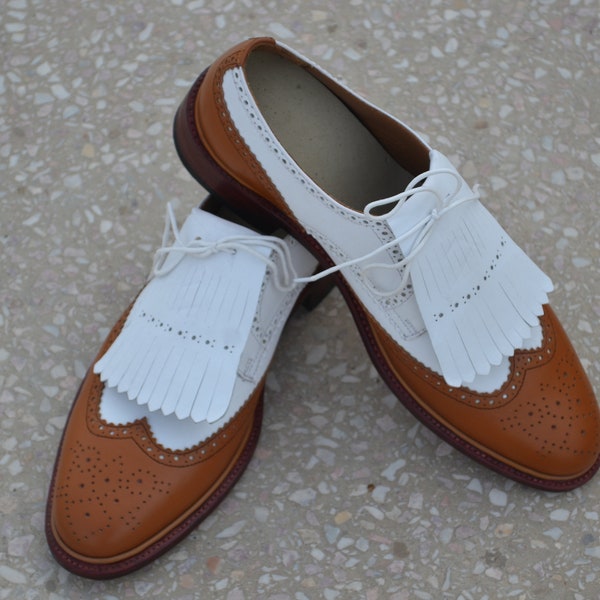 Bespoke Handmade Brown White Color Genuine Leather Wing Tip Brogues Men Oxford Shoes