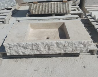 Handmade Natural Travertine Wall-Mounted Sink, Polished Marble Basin