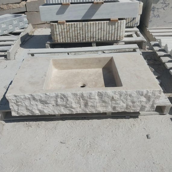 Handmade Natural Travertine Wall-Mounted Sink, Polished Marble Basin