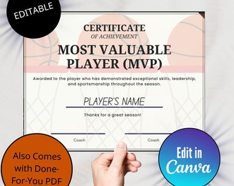 15 Editable Basketball Award Certificates: Team MVP, Canva Template (Digital Download)