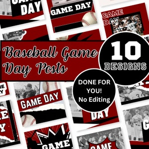 May include: Ten baseball game day social media post designs in red, black and white. The designs feature baseballs, bats and the text "Game Day".