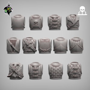 May include: A set of 13 different grey plastic miniature armor pieces for tabletop gaming. The armor pieces are all different styles and designs, including chainmail, leather, and plate.