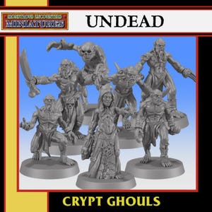 May include: A set of grey plastic Crypt Ghouls miniatures from Monstrous Encounters. The collection features six distinct undead figures, including a central female figure holding a severed head, surrounded by various hunched, clawed creatures.