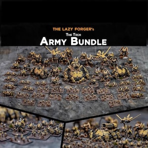 May include: A large collection of yellow and brown painted miniature robots, arranged in rows on a brown surface. The text "The Lazy Forger's The Tech Army Bundle" is at the top of the image.