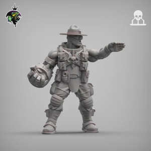 May include: A gray figurine of a muscular soldier wearing a hat, tactical vest with a skull emblem, and armored gauntlet. The figure is posed with one arm outstretched and the other clenched in a fist. The figurine is likely for tabletop gaming or display.