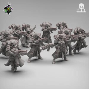 May include: A collection of miniature figurines of armored figures, each holding a weapon. The figures are in a neutral color palette, with detailed armor and clothing. The overall theme suggests a science fiction or fantasy setting.