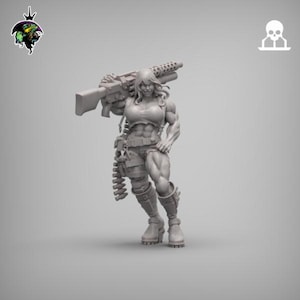 May include: A gray figurine of a muscular woman holding a large machine gun over her shoulder. She is wearing a crop top, shorts, and boots. The figurine has detailed features and is posed in a dynamic stance.