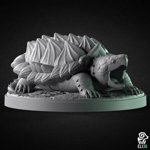 May include: A detailed, gray 3D-printed model of a Stegosaurus-like creature with an open mouth. The model features a spiky back and textured skin, resting on a circular base. The design is intricate, showcasing the creature's features.