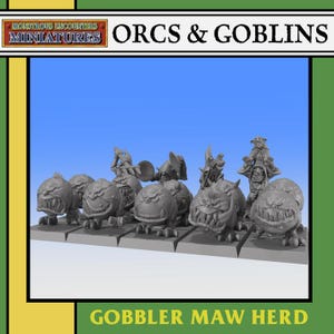 May include: A collection of miniature Orcs and Goblins figures. The figures are gray and feature detailed designs, including menacing faces and various weapons. The text "ORCS & GOBLINS" and "GOBBLER MAW HERD" are visible.