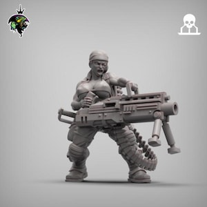 May include: A gray miniature figurine of a female character holding a large machine gun. The figure is wearing a head covering, and combat boots. The machine gun has a belt of bullets. The figurine is in a battle stance.