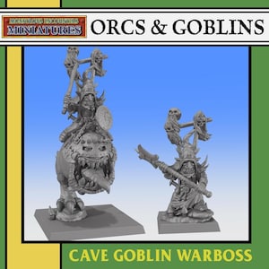 May include: Two gray unpainted resin miniature figures labeled Monstrous Encounters Miniatures Orcs & Goblins Cave Goblin Warboss. One figure rides a large creature with a wide open mouth and sharp teeth, while the other stands holding a long polearm.