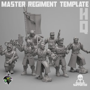 May include: A group of gray miniature figures, possibly for tabletop gaming, are arranged on a gray surface. The figures are in various poses, some holding weapons and a flag. The text "MASTER REGIMENT TEMPLATE" is at the top.