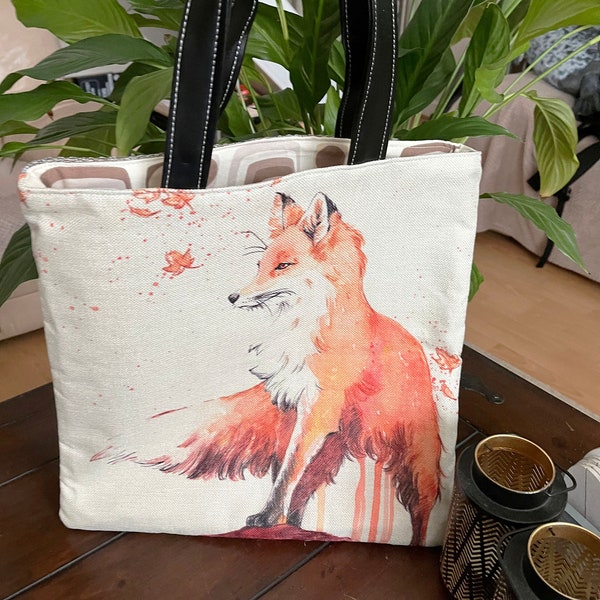 Large Linen Tote Bag, Shopping, Gift, Vegan, Eco Friendly, Red Fox