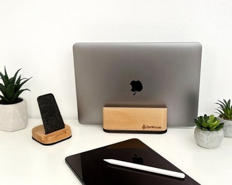 Wood desk organizer, Vertical laptop stand for desk, Macbook pro stand, Wood phone stand for desk, Phone holder for desk