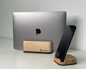 Wooden laptop stand and phone holder with soft felt, Vertical notebook stand, Adjustable laptop holder, Wood desk organizer, Coworker gift