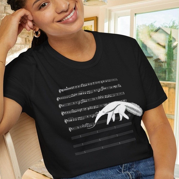 Anteater music listener tee, Musician gift, comforting fun, original illustration t-shirt, partner gift, cute design, piano player, animal