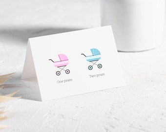 Tarjeta de baby shower con cochecito gemelo