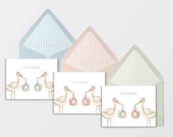 Tarjeta de baby shower para gemelos: diseño de cigüeña, esperando gemelos