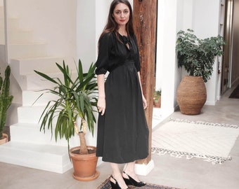 Courreges dress, evening silk dress, classic black vintage long silk dress