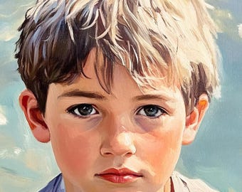 May include: A portrait painting of a young person with light skin, blue eyes, and light brown hair. The subject has a neutral expression, with rosy cheeks and lips. The background is a soft blue with white cloud-like shapes.