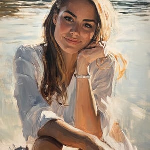 May include: A woman with long blonde hair sits on a sandy beach, wearing a white shirt and looking at the camera with a smile. The background is a blurry image of a body of water and a rocky shore.