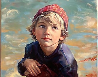 May include: A young boy with blonde hair wearing a red and white patterned beanie looks up at the sky. He is wearing a dark blue shirt and has a serious expression on his face.