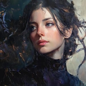 May include: A painting of a woman with dark hair and blue eyes. She is wearing a black turtleneck sweater and looking to the left. The background is a dark, abstract painting.