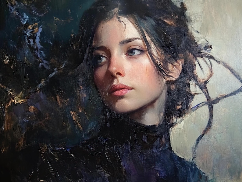 May include: A painting of a woman with dark hair and blue eyes. She is wearing a black turtleneck sweater and looking to the left. The background is a dark, abstract painting.