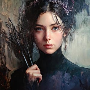 May include: A woman with dark hair and a black turtleneck sweater looks directly at the viewer. She is wearing a floral crown and holding a bouquet of dark feathers in her right hand.