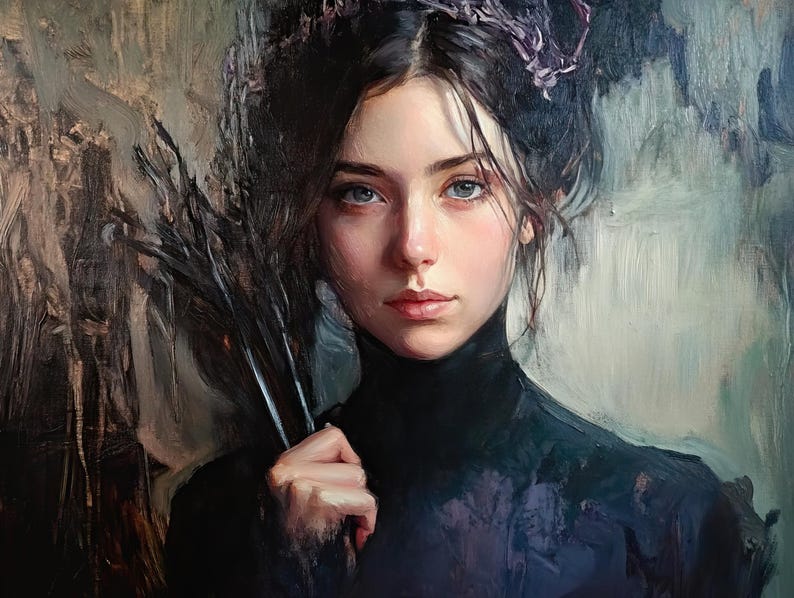 May include: A woman with dark hair and a black turtleneck sweater looks directly at the viewer. She is wearing a floral crown and holding a bouquet of dark feathers in her right hand.