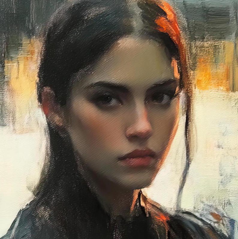 May include: A close-up portrait of a woman with dark hair and brown eyes. She is looking directly at the viewer with a serious expression. The lighting is soft and warm, highlighting her features.