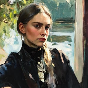 May include: A painting of a woman with long blonde hair, wearing a black turtleneck sweater and a white lace collar. She is looking off to the side, and the background is a blurred image of a window and trees.