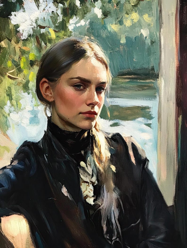 May include: A painting of a woman with long blonde hair, wearing a black turtleneck sweater and a white lace collar. She is looking off to the side, and the background is a blurred image of a window and trees.