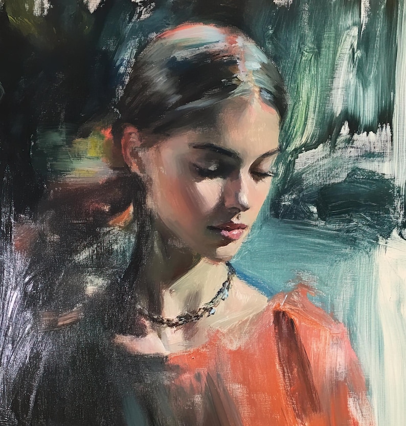 May include: A painting of a woman with dark hair and a red shirt. She is looking down with her eyes closed. The background is a dark green and blue.