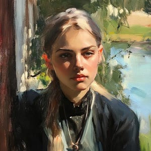 May include: A young woman with long blonde hair is wearing a black jacket and a blue shirt with a silver necklace. She is looking off to the side with a thoughtful expression.