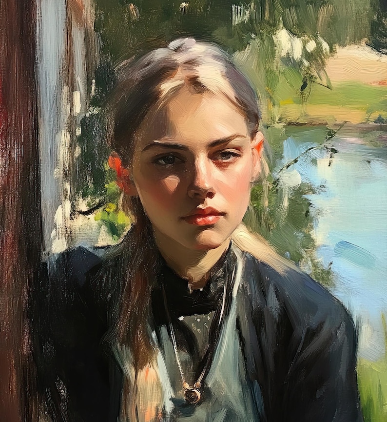 May include: A young woman with long blonde hair is wearing a black jacket and a blue shirt with a silver necklace. She is looking off to the side with a thoughtful expression.