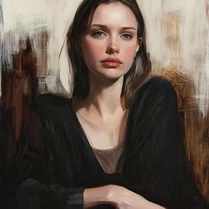 May include: A woman with long brown hair and blue eyes is wearing a black cardigan. She is sitting with her arms crossed and looking directly at the viewer.