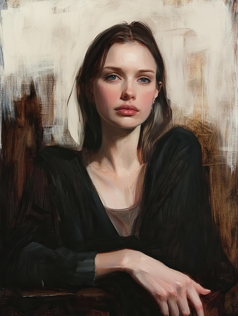 May include: A woman with long brown hair and blue eyes is wearing a black cardigan. She is sitting with her arms crossed and looking directly at the viewer.