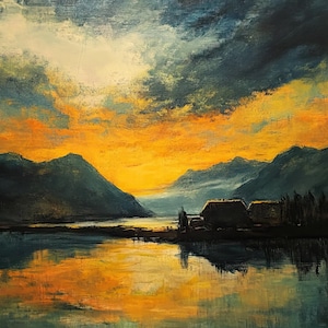 May include: An oil painting depicts a sunset over a lake, with mountains in the background. The sky transitions from dark blue to vibrant orange and yellow. The water reflects the sky and the distant buildings.