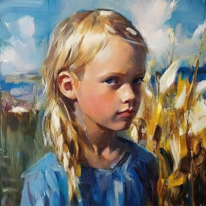 May include: A young girl with long blonde hair wearing a blue shirt, looking directly at the viewer. The background is a blurred painting of tall grasses and a blue sky.