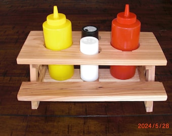 Picnic table Condiment holder  Complete with Salt, Pepper, Mustard and Ketchup Dispensers