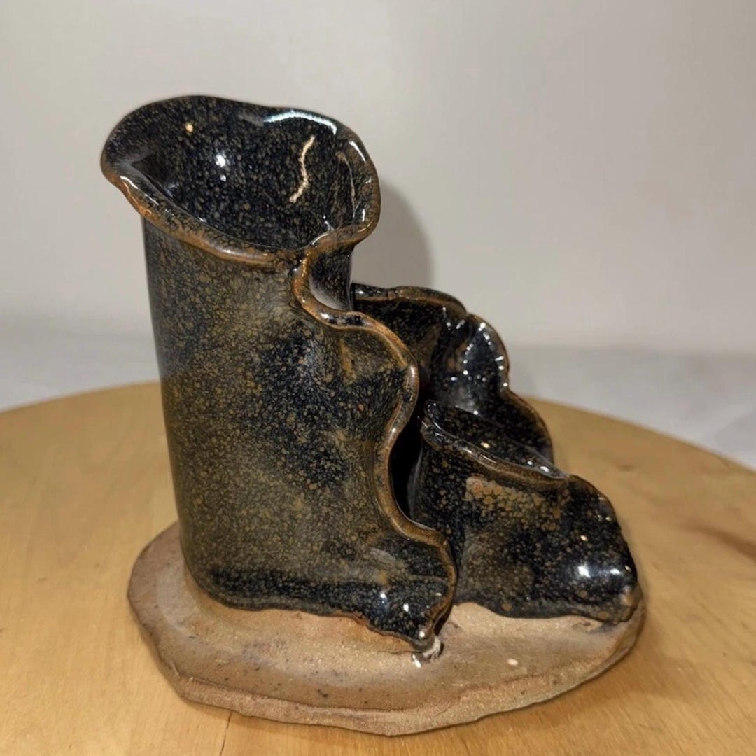 Handmade Studio Art Pottery Bud Vase 3 Part Sculpture Dark Glaze Signed ...