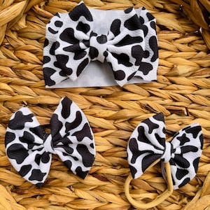 COWPRINT: Baby bow, Baby headwrap, Stretchy fabric, Bullet, Nylon, Clip, Hairtie, Sailor bow, Headband